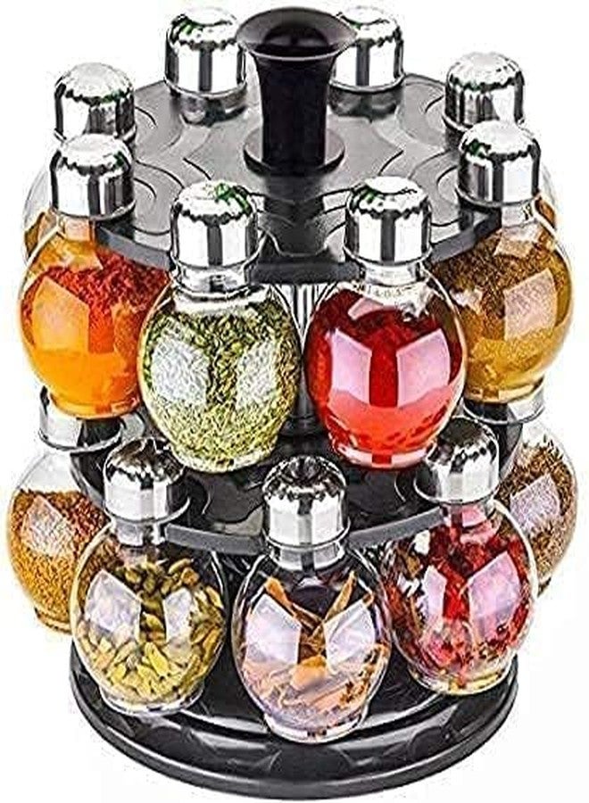 PERDIA Multipurpose Plastic Big Revolving Spice Rack 16 in 1 Masala Rack Set Condiment Set Spice Container Tabletop Jar Bottle Spice Rack Unbreakable Kitchen Shelves (Black) - Image 1